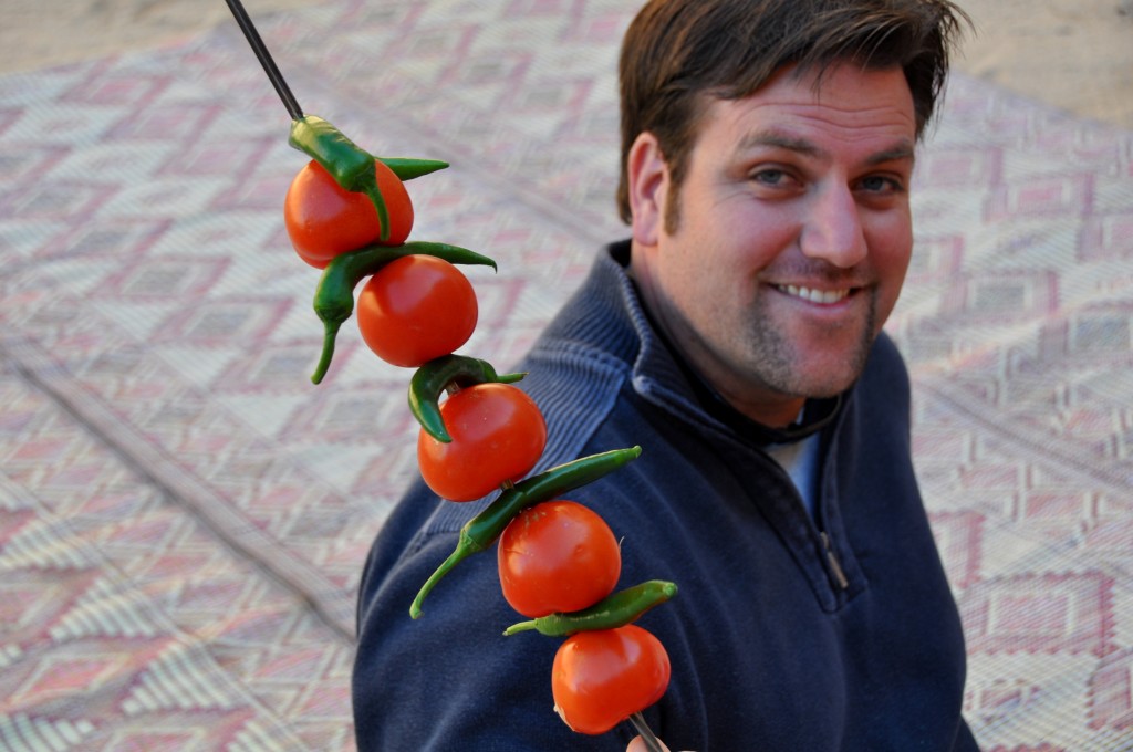 Joe’s job was to spear the tomatoes and peppers.