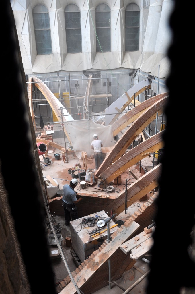 Construction inside La Sagrada Familia.