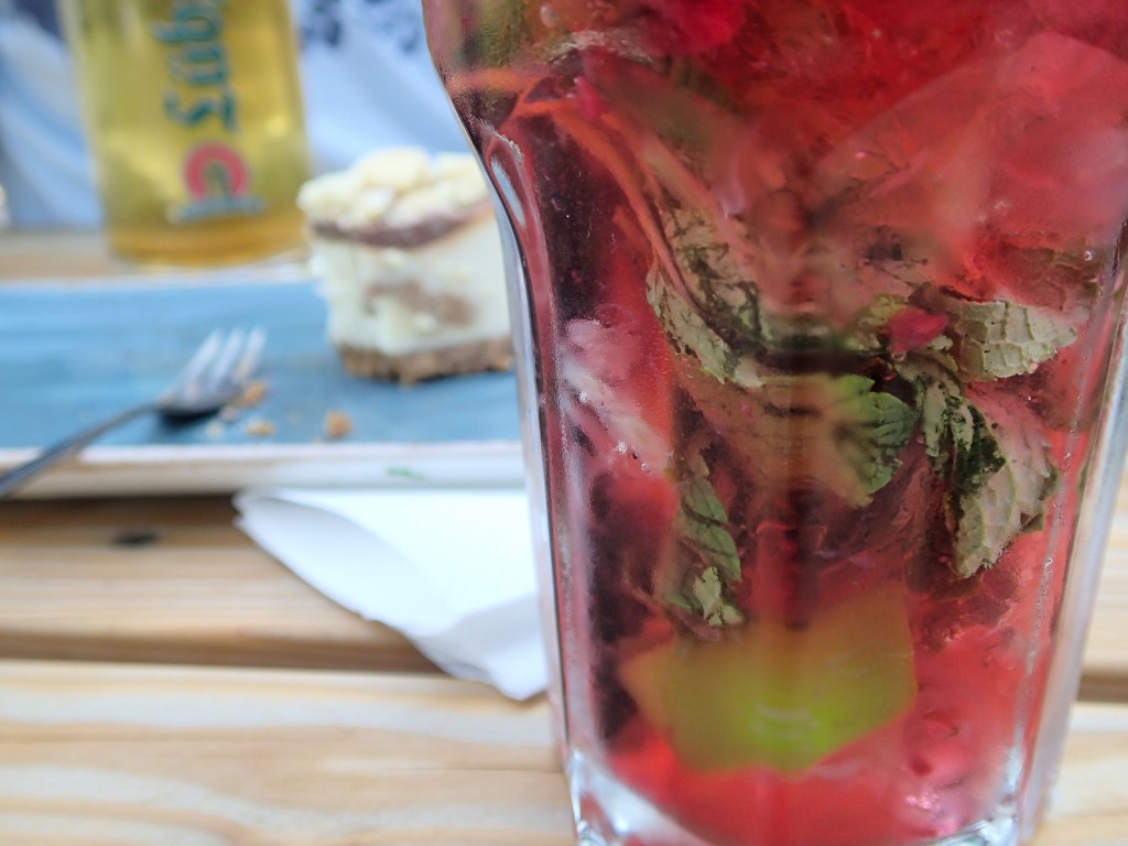 Amazing mojito (wild hibiscus!!), the BEST cheesecake I have ever eaten, and a scoatch of German beer.